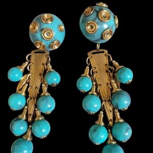 Vintage Elegant Gold and Turquoise Beaded Clip On Dangle Earrings 4"